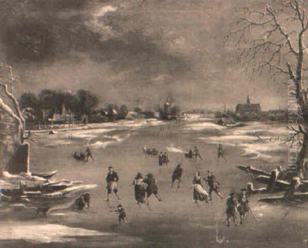 Peasants Skating And Playing Golf On Frozen Waterway by Aert van der Neer