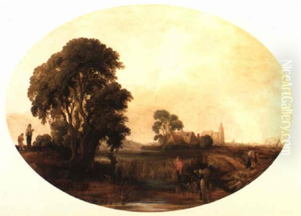 A Marshy Landscape With Figures Gathering Reeds Oil Painting by Aert van der Neer