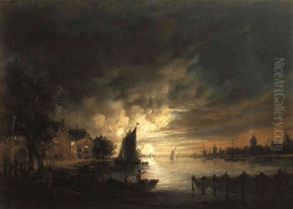 Abendliche Fluslandschaft Bei Sonnenuntergang Oil Painting by Aert van der Neer