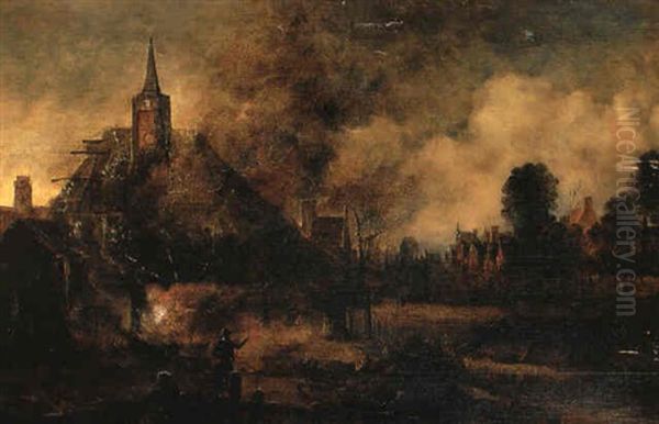 A Village By The River At Moonlight With A Church On Fire Oil Painting by Aert van der Neer