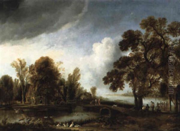 River Landscape With Figures Oil Painting by Aert van der Neer