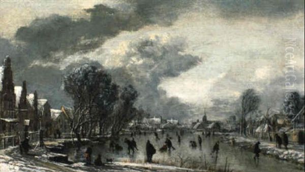 Eisvergn_gen Auf Einem Breiten Dorfkanal Oil Painting by Aert van der Neer