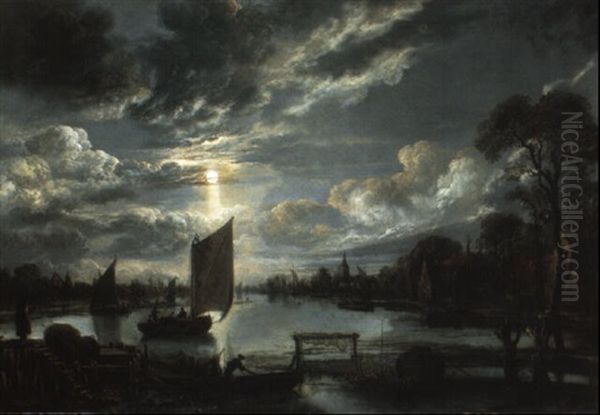 Moonlit Village River Landscape With Boats Oil Painting by Aert van der Neer