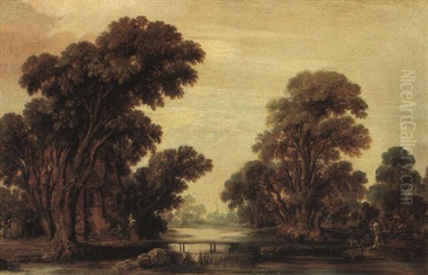 Wooded River Landscape With A Woman And Child By A Cottage Oil Painting by Aert van der Neer