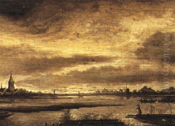 Evening River Landscape With Figures Fishing And Boating With Buildings Oil Painting by Aert van der Neer