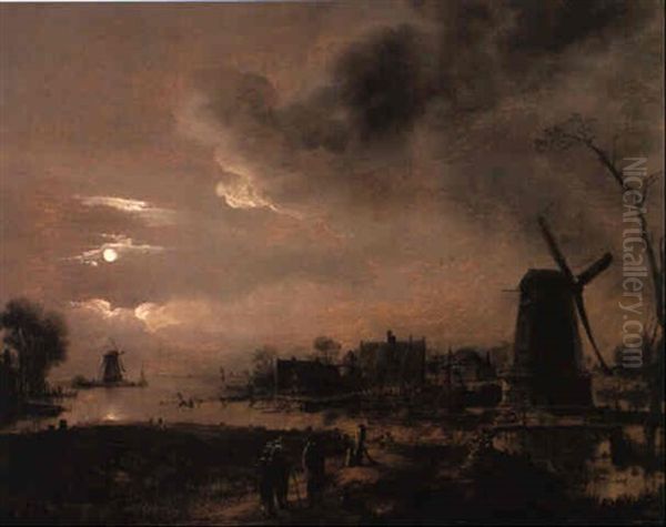 Lake Landscape With Windmills And Peasants In Moonlight by Aert van der Neer