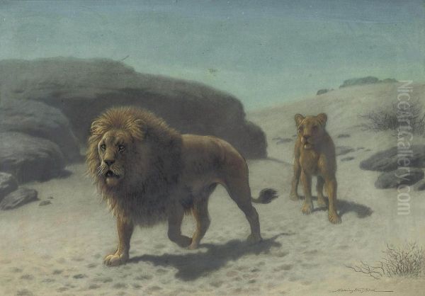 A Lion And Lioness In The Desert Oil Painting by John Alex. Harington Bird