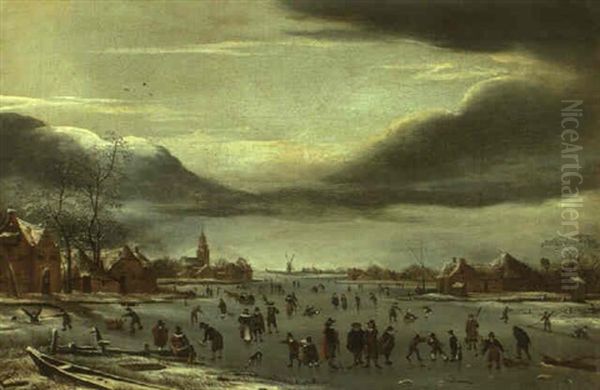 Figures Skating On A Frozen Canal Oil Painting by Aert van der Neer