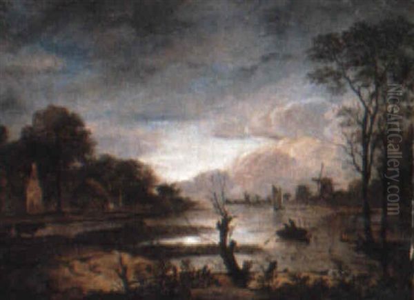 River Landscape At Sunset With Boats And Cattle Oil Painting by Aert van der Neer