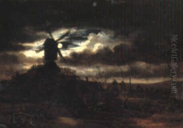 Moonlit Landscape With A Windmill Oil Painting by Aert van der Neer