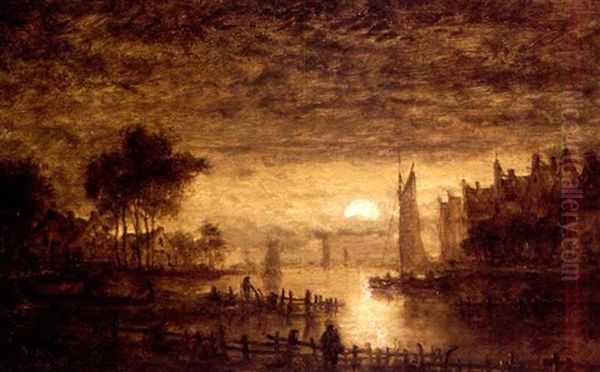 Moonlit River View With Village And Figures Oil Painting by Aert van der Neer