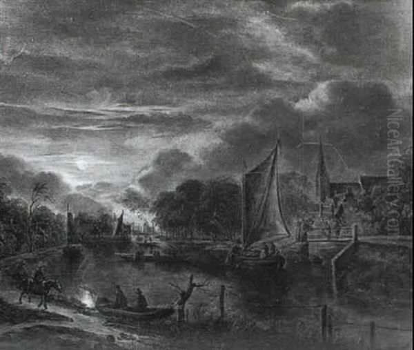 A Moonlight River Landscape With A Smalschip Anchored       Before Two Figures Standing On A Wooden Bridge: On The Near Oil Painting by Aert van der Neer