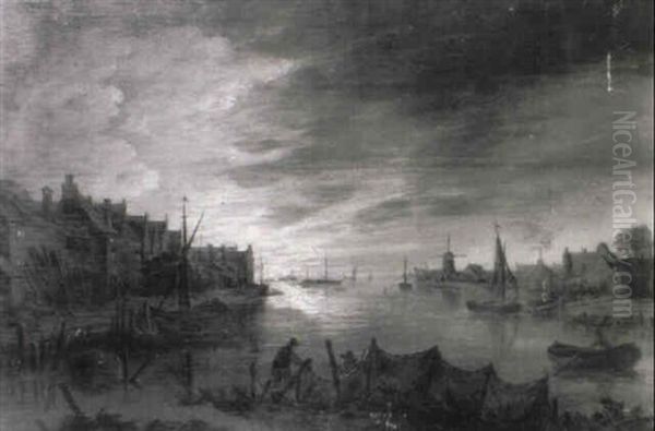 Fisherman Setting Their Nets In A Moonlit Landscape Oil Painting by Aert van der Neer