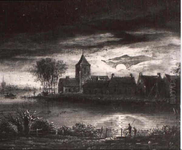 A Moonlit River Landscape With A Village Oil Painting by Aert van der Neer