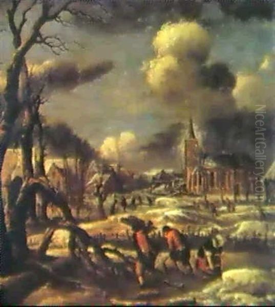 A Village In Winter With Peasents Gathering Faggots In The  Foregraound Oil Painting by Aert van der Neer