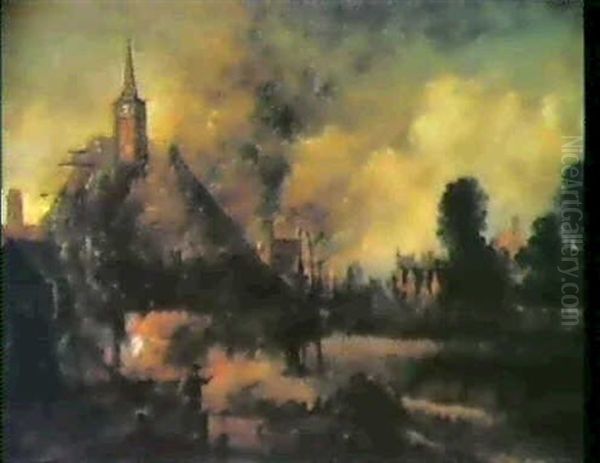 Nachtliche Feuersbrunst In Einer Stadt Am Fluss Oil Painting by Aert van der Neer