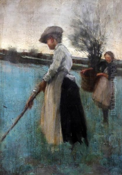 Lady And Young Girl Working In A Field Oil Painting by Margaret Bird