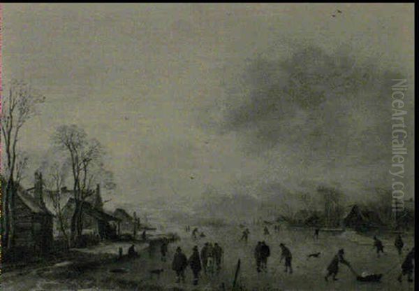 Patineurs Sur La Glace Oil Painting by Aert van der Neer