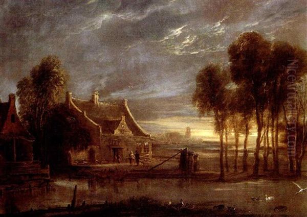 An Extensive River Landscape At Evening, With Two Figures   Conversing Near A House Oil Painting by Aert van der Neer