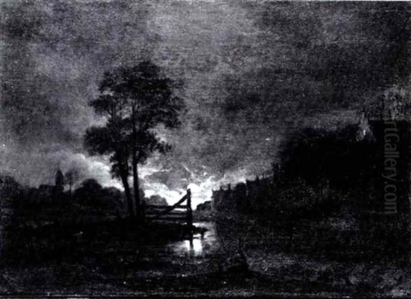 Moonlit Estuary With A Fisherman In The Foreground Oil Painting by Aert van der Neer