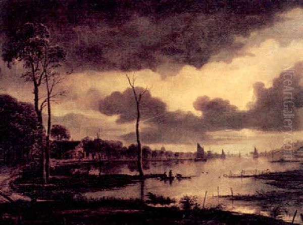 Hollandische Fluslandschaft Bei Mondschein Oil Painting by Aert van der Neer