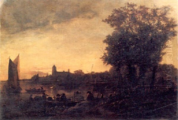 Fluslandschaft Mit Fischerbooten Bei Mondschein Oil Painting by Aert van der Neer