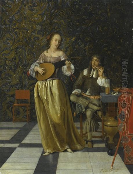 A Lady Playing A Lute With A Gentleman Seated At A Table In An Interior Oil Painting by Eglon Hendrik van der Neer