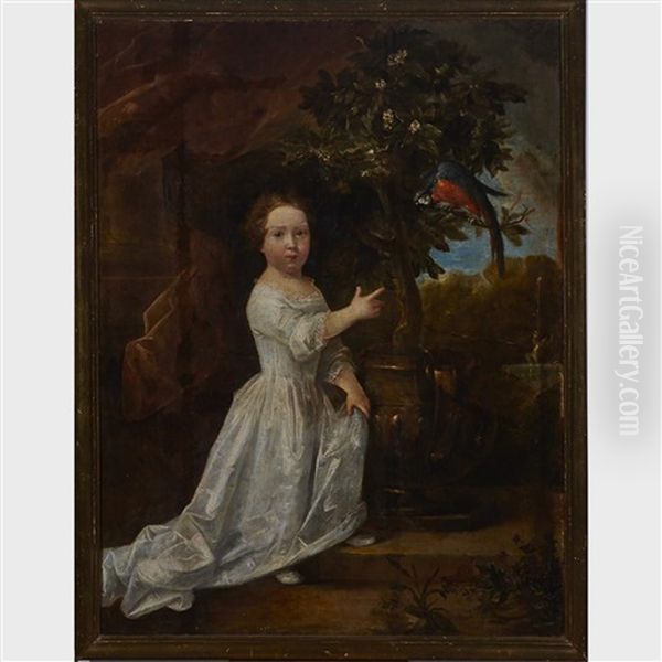 Young Girl In A Garden Pointing To A Parrot Oil Painting by Eglon Hendrik van der Neer