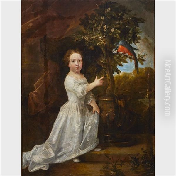 Young Girl In A Garden Pointing To A Parrot Oil Painting by Eglon Hendrik van der Neer