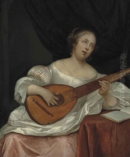 A Woman Playing A Bandora Oil Painting by Eglon Hendrik van der Neer