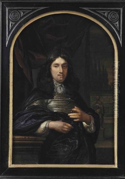 Portrait Of A Gentleman Leaning On A Ballustrade, Three-quarter-length, In A Dark Blue Coat, Before A Red Curtain, A Garden With Statues Beyond Oil Painting by Eglon Hendrik van der Neer