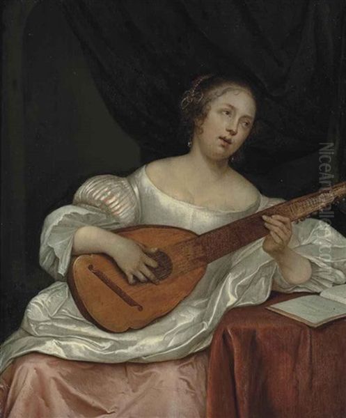 A Woman Playing A Bandora Oil Painting by Eglon Hendrik van der Neer