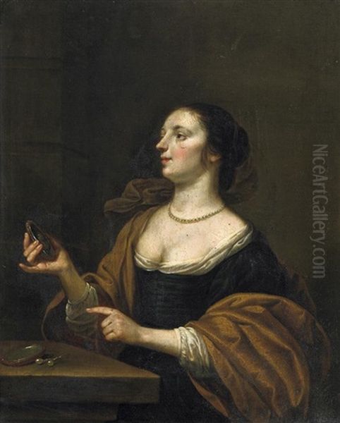 Bildnis Einer Elgeganten Dame, In Der Rechten Einen Spiegel Haltend. Auf Dem Tische Ihr Kostbarer Perlenschmuck Oil Painting by Eglon Hendrik van der Neer