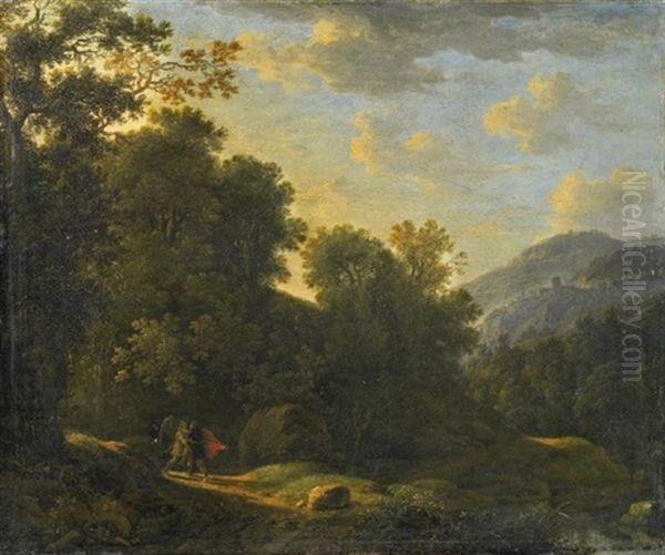 Jakobs Kampf Mit Dem Engel. Lichtung Vor Einer Weiten Bergigen Waldlandschaft Oil Painting by Eglon Hendrik van der Neer