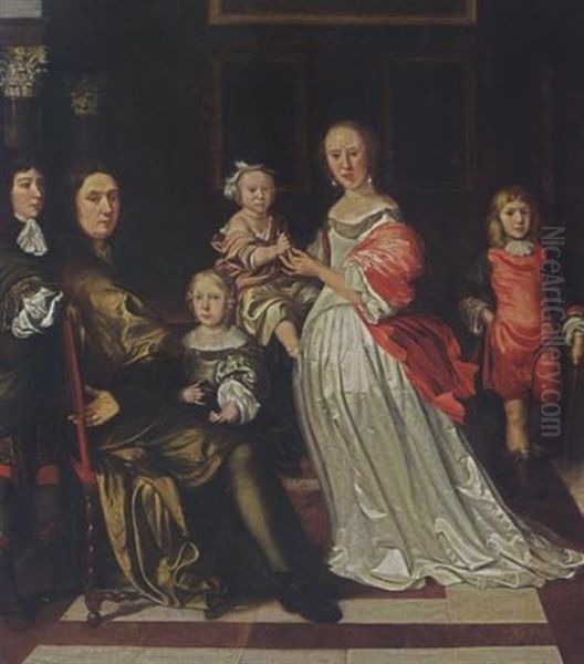 A Family Portrait Of A Gentleman And His Wife With Their Four Children In An Interior Oil Painting by Eglon Hendrik van der Neer