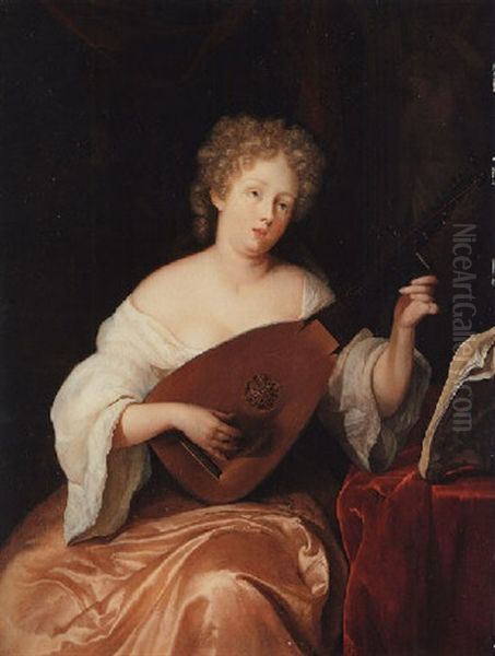 A Young Woman Seated, Playing A Lute Oil Painting by Eglon Hendrik van der Neer