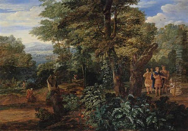 A Wooded River Landscape With Semiramis Receiving The Crown Of The King Of Assyria Oil Painting by Eglon Hendrik van der Neer