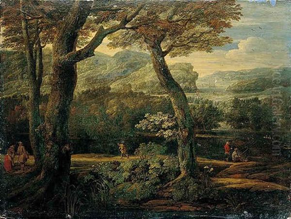 A Wooded River Landscape With Two Men Fishing, A Traveller, And Two Figures Conversing Oil Painting by Eglon Hendrik van der Neer