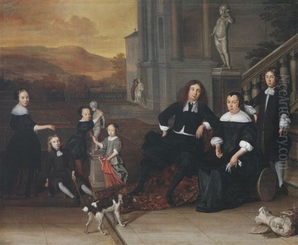 A Portrait Of A Family Group On A Terrace By An Elegant House (a Self Portrait With His Family?) Oil Painting by Eglon Hendrik van der Neer