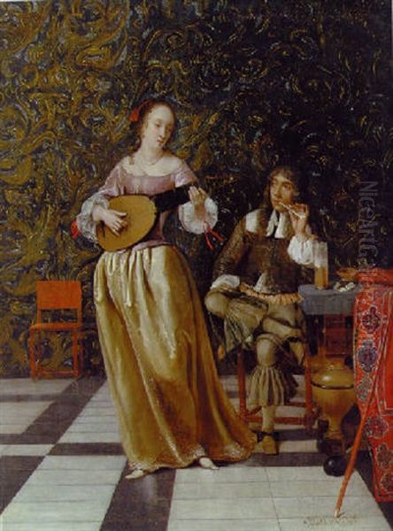 A Lady Playing A Lute With A Gentleman Seated At A Table In An Interior Oil Painting by Eglon Hendrik van der Neer