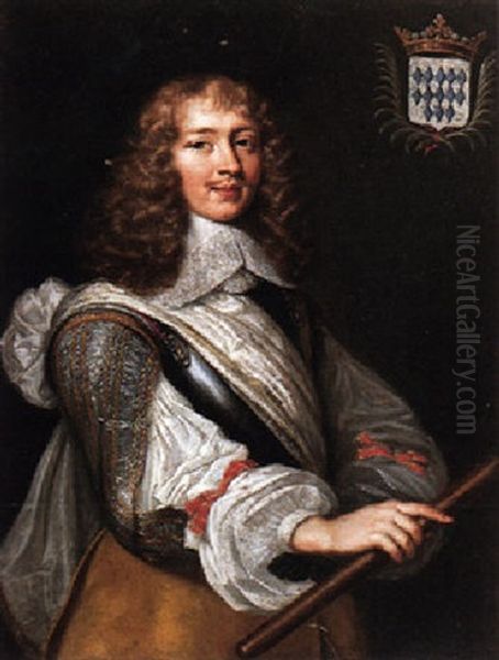 Portrait Of A Gentleman, Wearing A Breastplate And Doublet, Holding A Baton, Charged With The Sitter's Coats Of Arms by Eglon Hendrik van der Neer