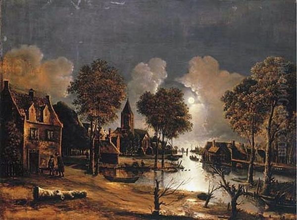 A Village In A Moonlit River Landscape Oil Painting by Johannes Van Der Neer