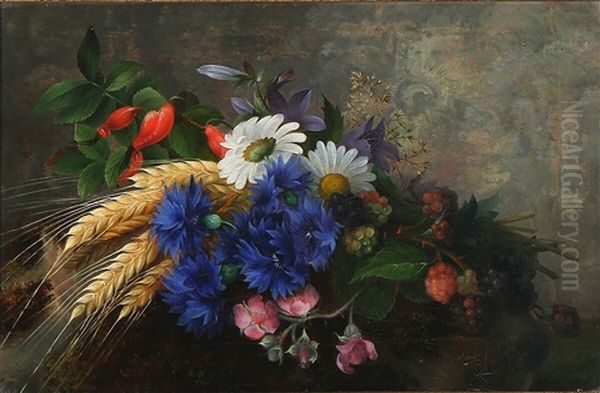 Summer Flowers And Wheat Ears On A Sill Oil Painting by Hermania Sigvardine Neergard