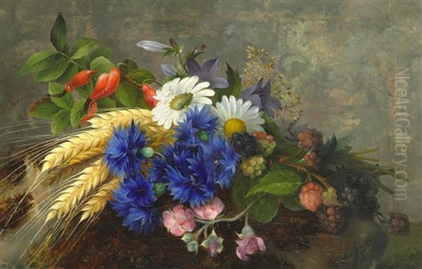 Summer Flowers And Wheat Ears On A Sill Oil Painting by Hermania Sigvardine Neergard