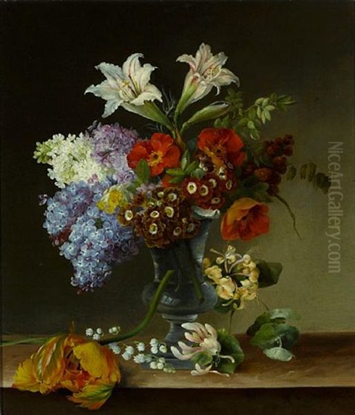 A Still Life With Lilac, Honeysuckle, Lilies-of-the-valley And Other Blossoms In A Crystal Vase Oil Painting by Hermania Sigvardine Neergard