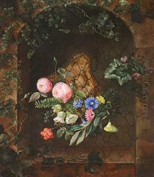 Niche Med En Figur Forestillende Madonna Med Barnet. Nichen Pyntet Med En Broget Buket Blomster Oil Painting by Hermania Sigvardine Neergard