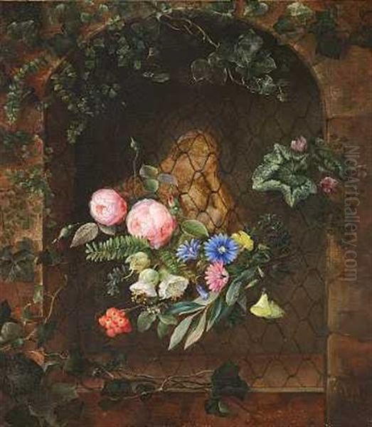 Niche Med Figur Forestillende Madonna Med Barnet, Pyntet Med En Broget Buket Blomster Oil Painting by Hermania Sigvardine Neergard