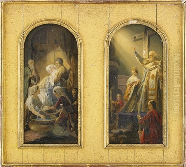 The Birth Of The Virgin And The Exaltation Of The True Cross (a Pair Of Studies For Wall Paintings In St. Isaac's Cathedral, St. Petersburg) Oil Painting by Timofey Andreyevich Neff