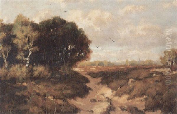 Torflandschaft Mit Wald Und Verstecktem Kirchlein An Einem Sonnigen Spatsommertag Oil Painting by Martinus Jacobus Nefkens