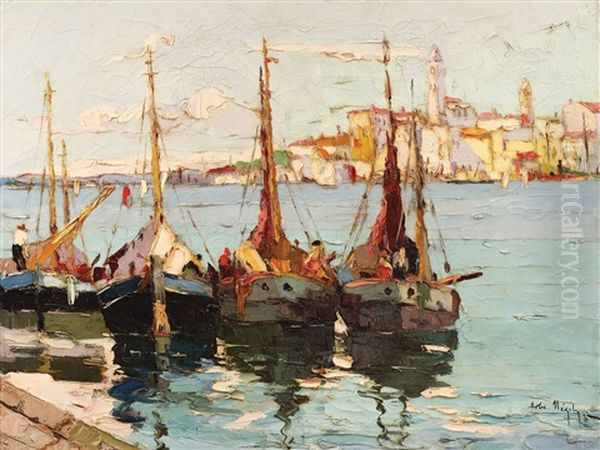 Barci In Portul Arbe Oil Painting by Rudolph Negely